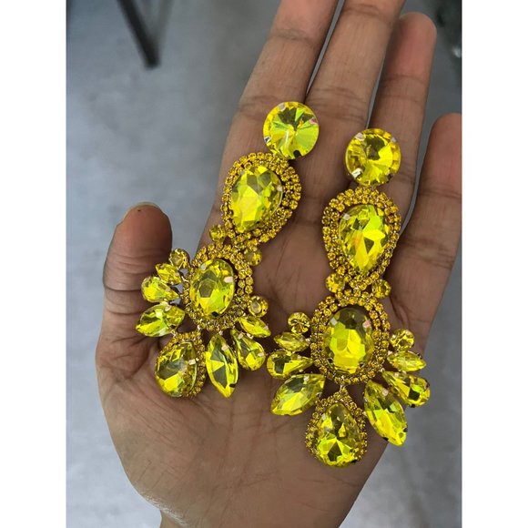 Big Yellow earrings large jonquil rhinestone crystal chandelier huge pierced - Picture 2 of 9
